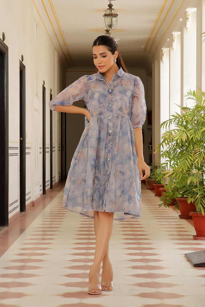 Vaasva Women Sky Blue Organza Marble Printed Dress | Swadesiicart
