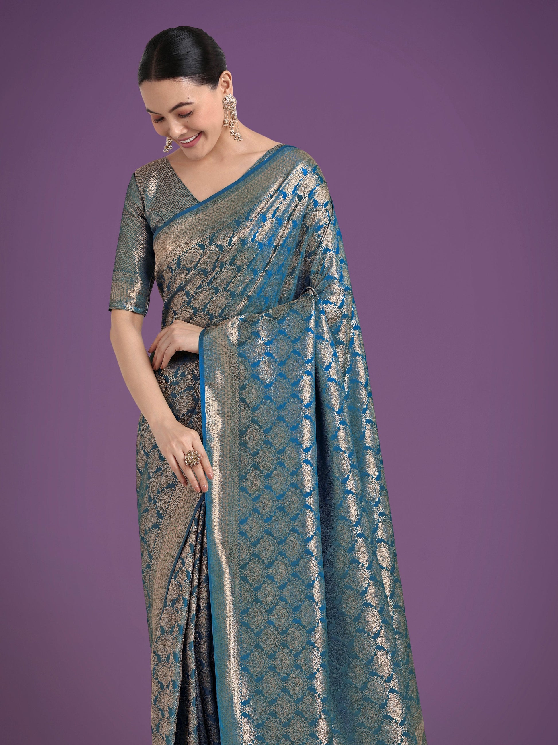 Monjolika Fashion Flattering Cyan blue Banarasi Satin Silk Zari Weaving Work Designer Saree | Swadesiicart