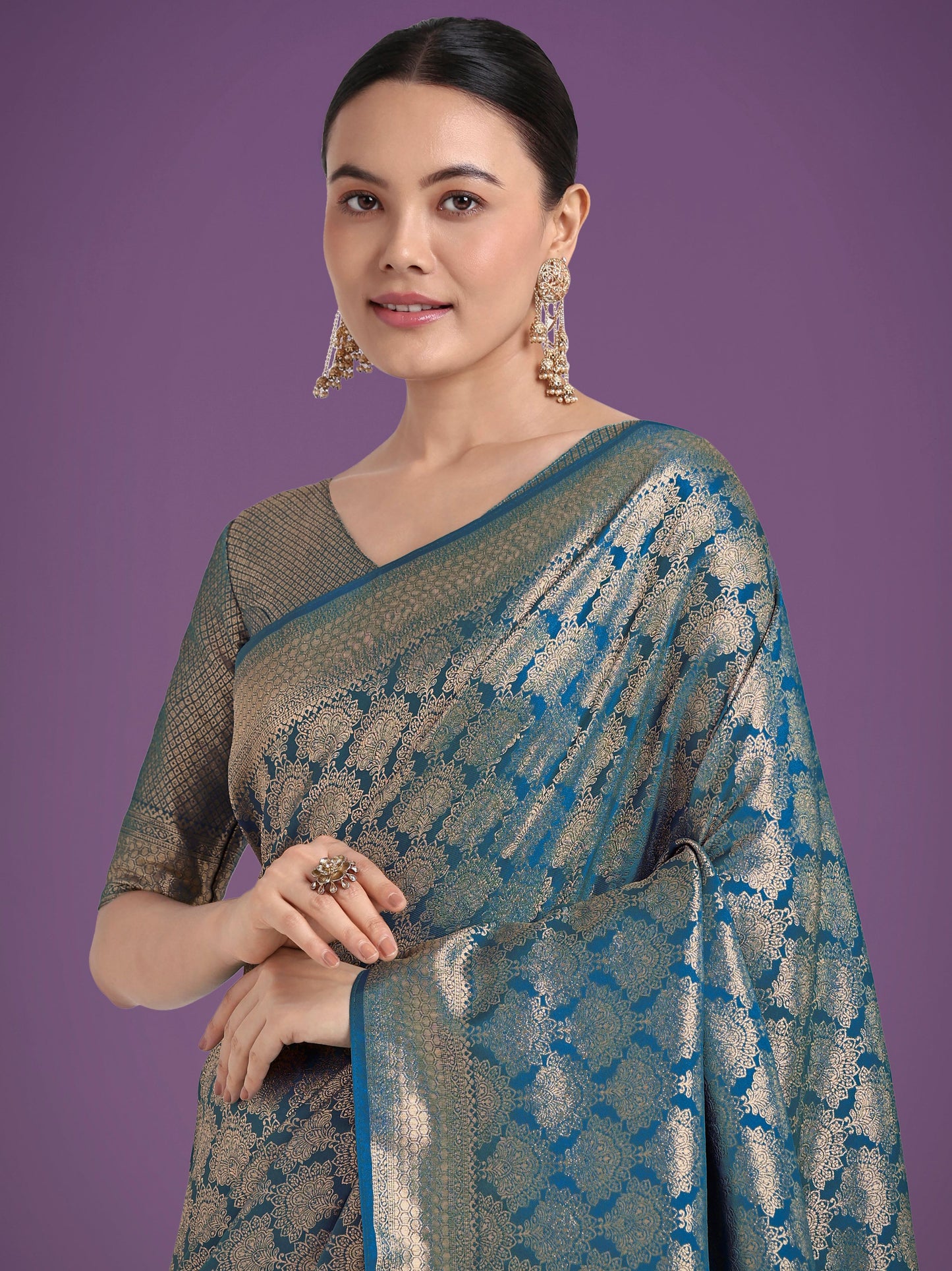 Monjolika Fashion Flattering Cyan blue Banarasi Satin Silk Zari Weaving Work Designer Saree | Swadesiicart