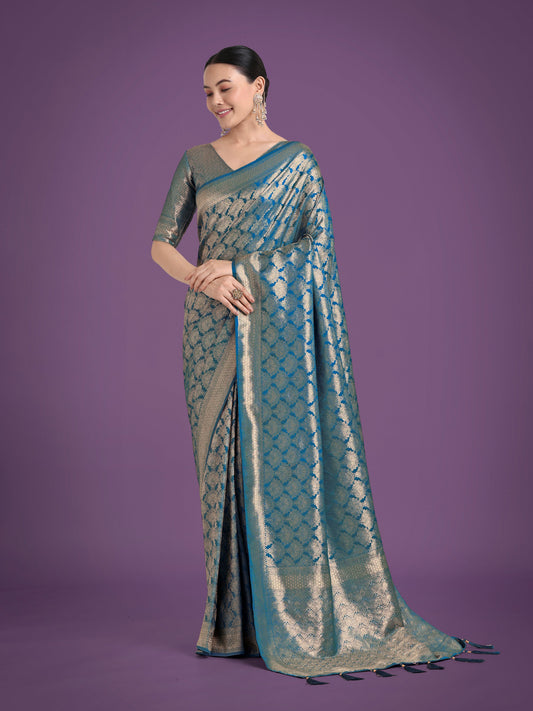 Monjolika Fashion Flattering Cyan blue Banarasi Satin Silk Zari Weaving Work Designer Saree | Swadesiicart