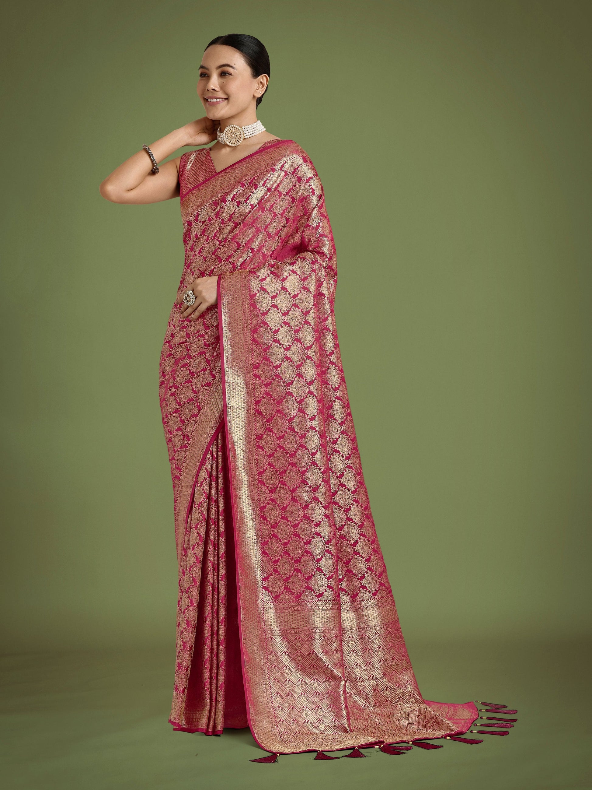 Monjolika Fashion Flattering Dark Pink Banarasi Satin Silk Zari Weaving Work Designer Saree | Swadesiicart