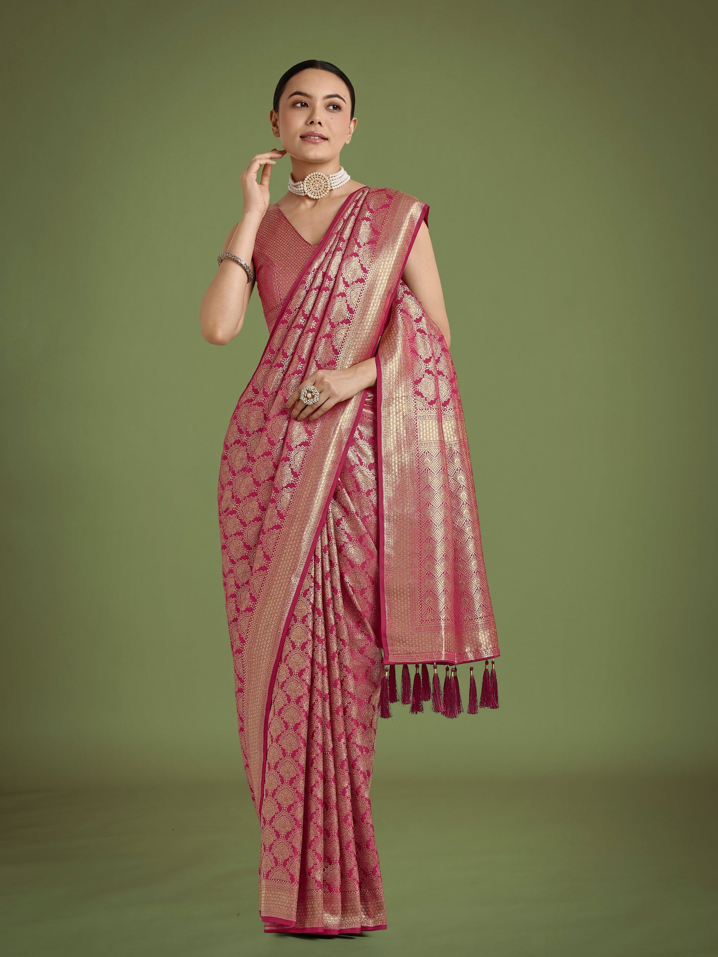 Monjolika Fashion Flattering Dark Pink Banarasi Satin Silk Zari Weaving Work Designer Saree | Swadesiicart
