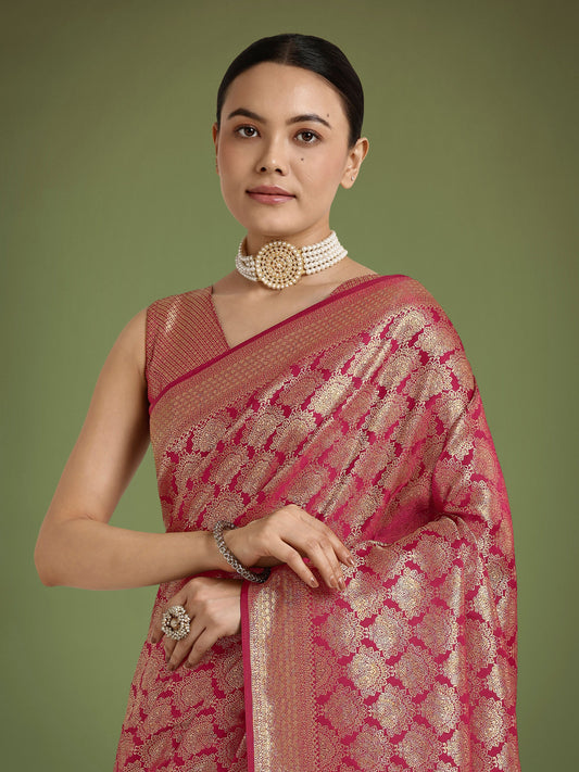 Monjolika Fashion Flattering Dark Pink Banarasi Satin Silk Zari Weaving Work Designer Saree | Swadesiicart