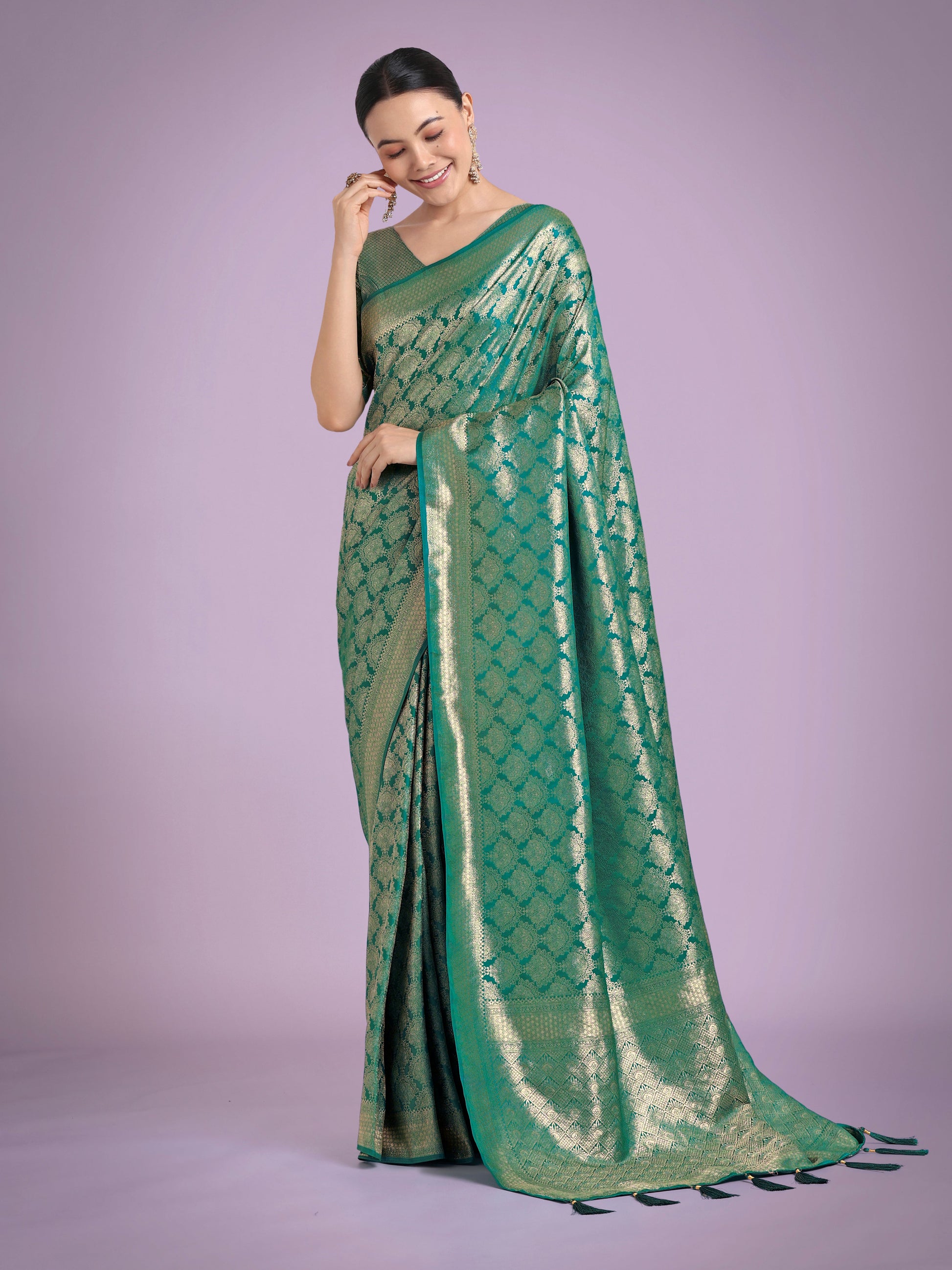 Monjolika Fashion Flattering Turquoise Banarasi Satin Silk Zari Weaving Work Designer Saree | Swadesiicart