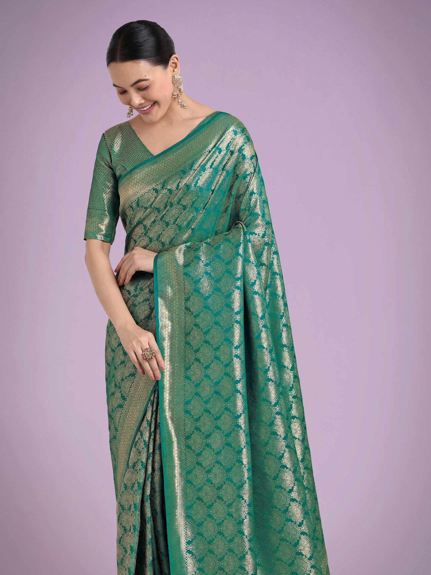 Monjolika Fashion Flattering Turquoise Banarasi Satin Silk Zari Weaving Work Designer Saree | Swadesiicart