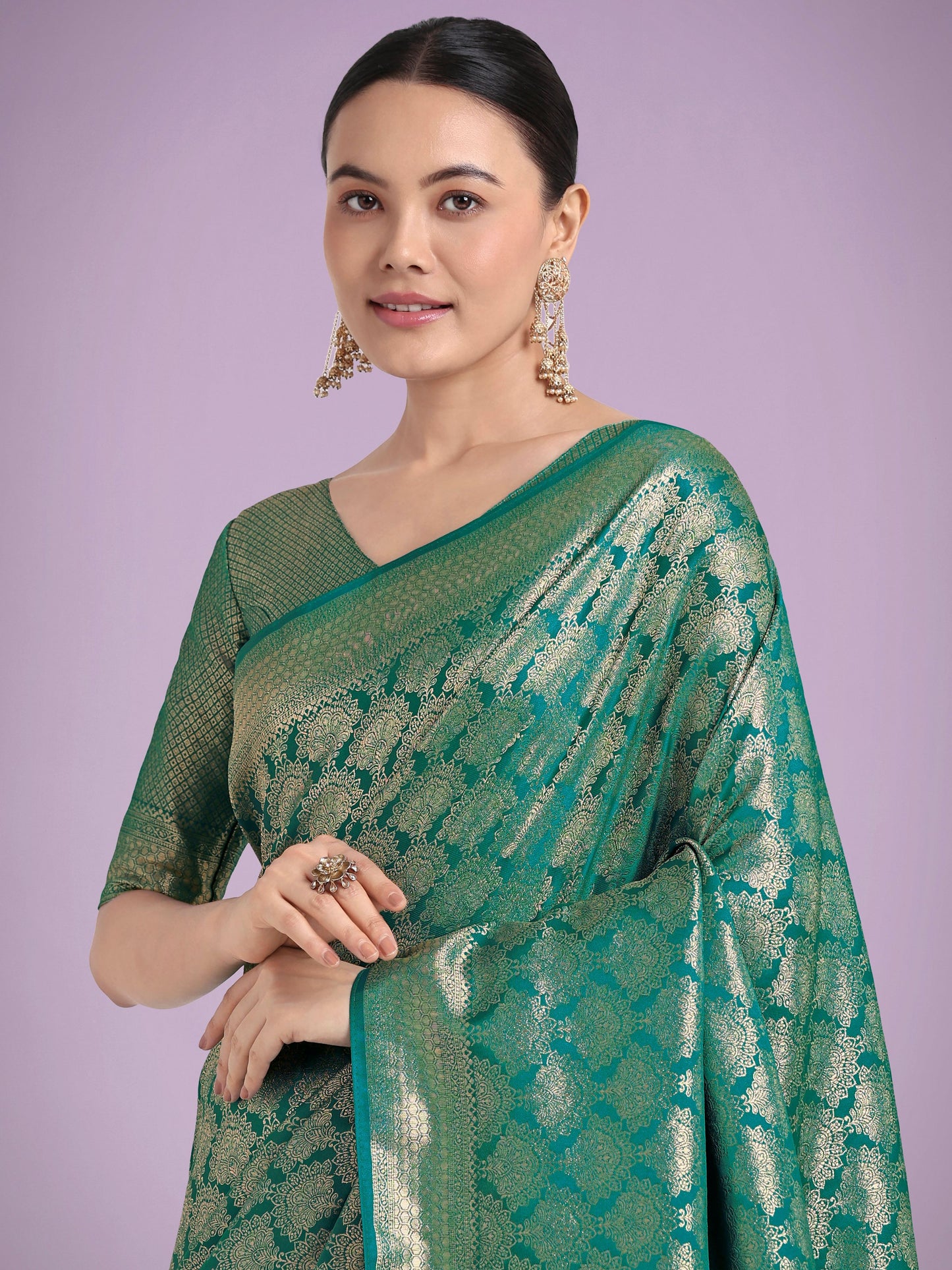 Monjolika Fashion Flattering Turquoise Banarasi Satin Silk Zari Weaving Work Designer Saree | Swadesiicart