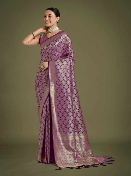 Monjolika Fashion Flattering Purple Banarasi Satin Silk Zari Weaving Work Designer Saree | Swadesiicart