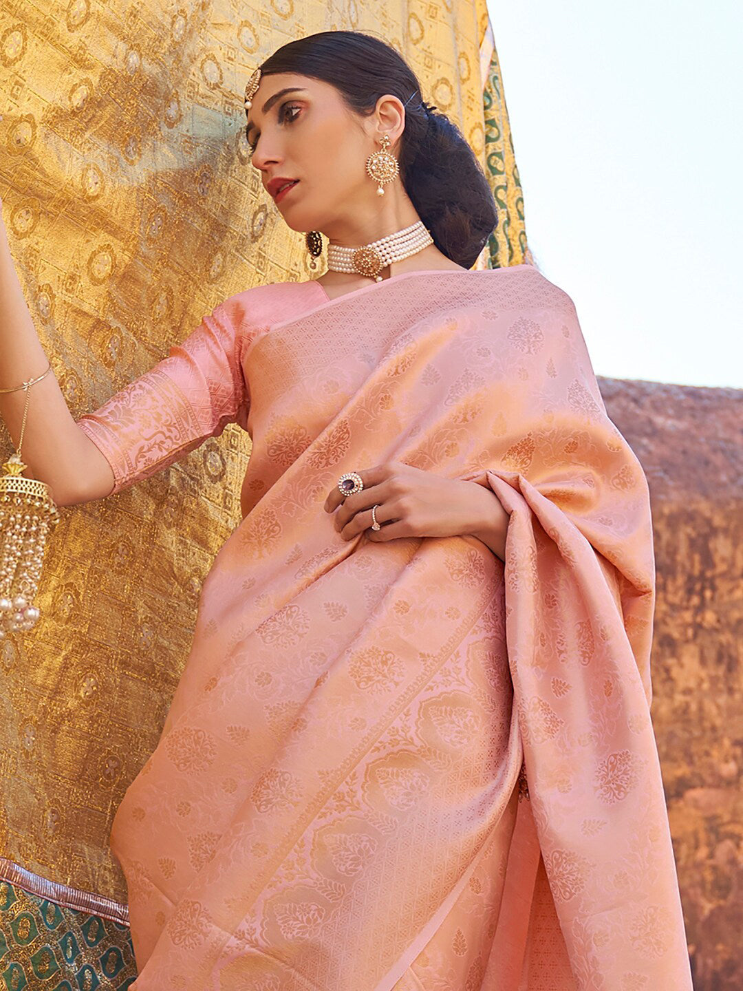 Mitera Peach-Coloured & Gold-Toned Ethnic Motifs Zari Silk Blend Banarasi Saree | Swadesiicart