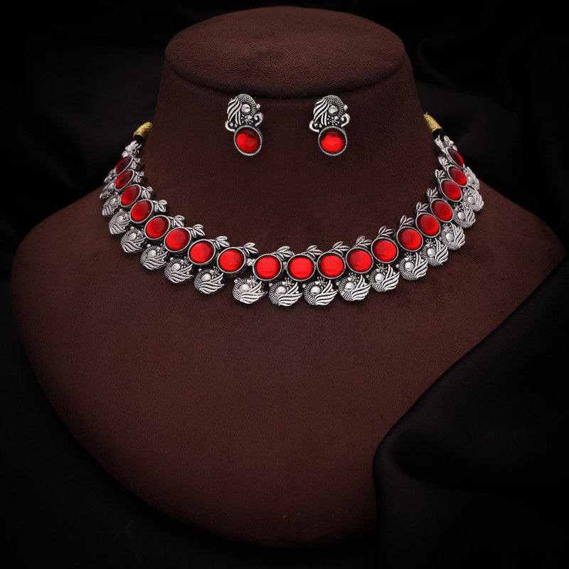Tehzeeb Creations Silver Plated Red Colour Stone Jewellery Choker Necklace Set With Matching Pair of Stud Earrings - Swadesiicart