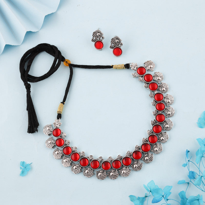 Tehzeeb Creations Silver Plated Red Colour Stone Jewellery Choker Necklace Set With Matching Pair of Stud Earrings - Swadesiicart