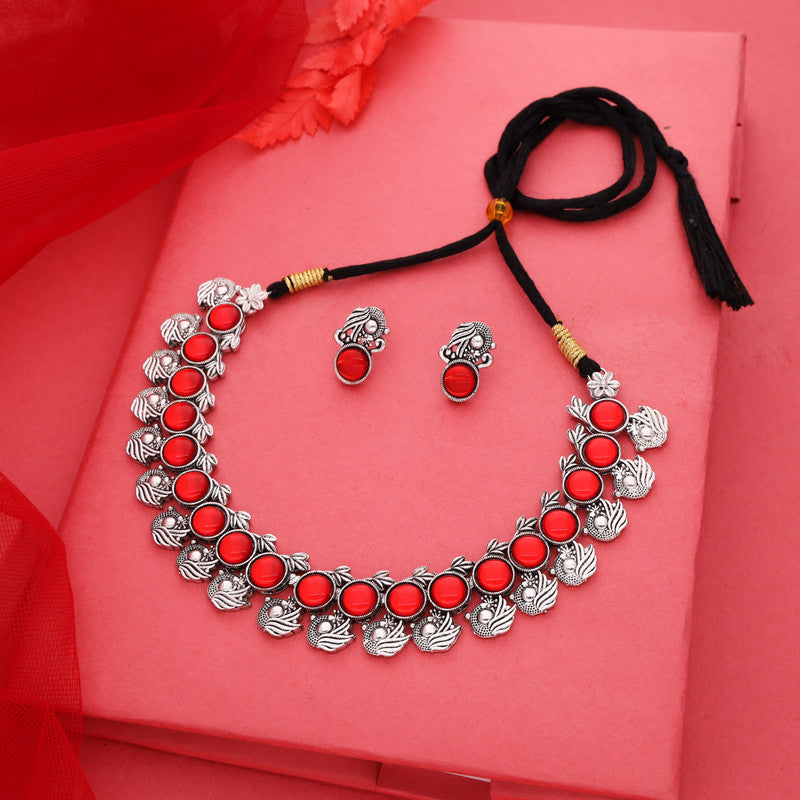 Tehzeeb Creations Silver Plated Red Colour Stone Jewellery Choker Necklace Set With Matching Pair of Stud Earrings - Swadesiicart
