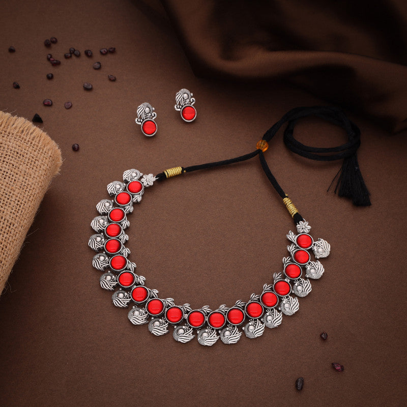 Tehzeeb Creations Silver Plated Red Colour Stone Jewellery Choker Necklace Set With Matching Pair of Stud Earrings - Swadesiicart
