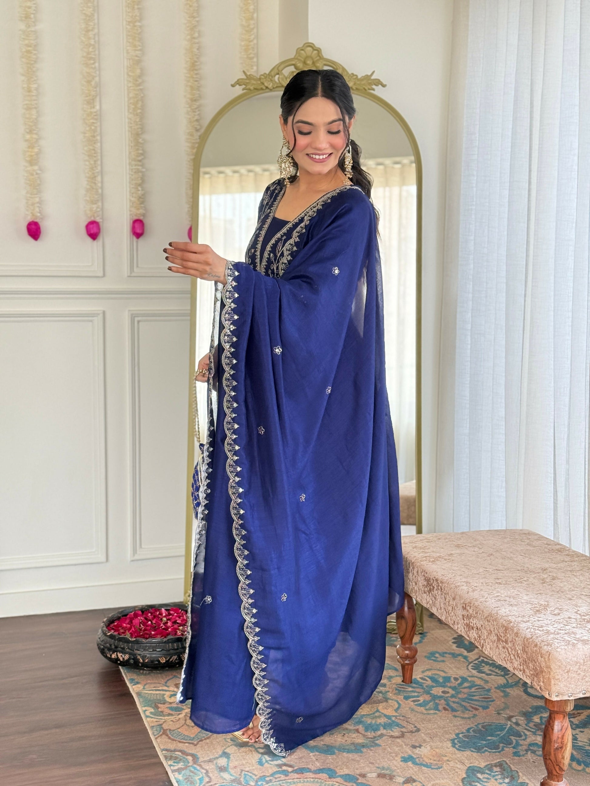 The52 Blue Women's Beautiful Embroidered Vichitra Silk Fabric with Flared Kurta, Pant and Dupatta Set - Swadesiicart
