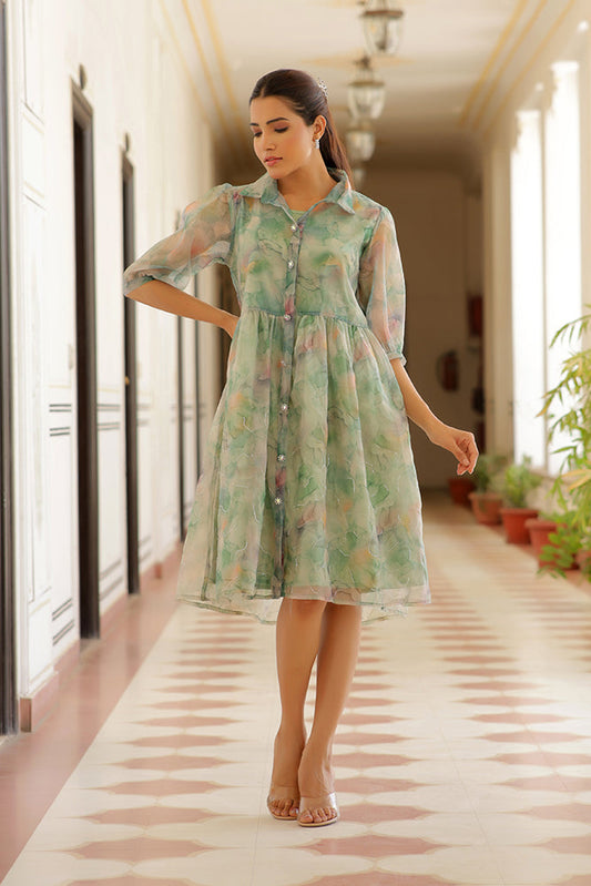 Vaasva Women Green Organza Marble Printed Dress | Swadesiicart