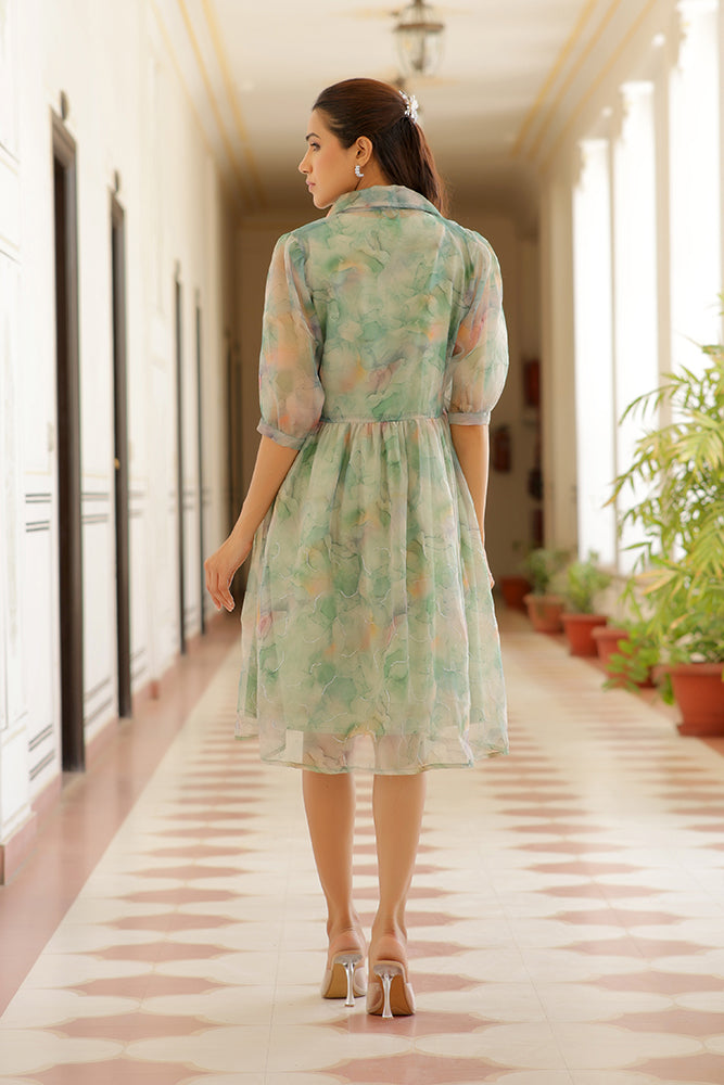 Vaasva Women Green Organza Marble Printed Dress | Swadesiicart