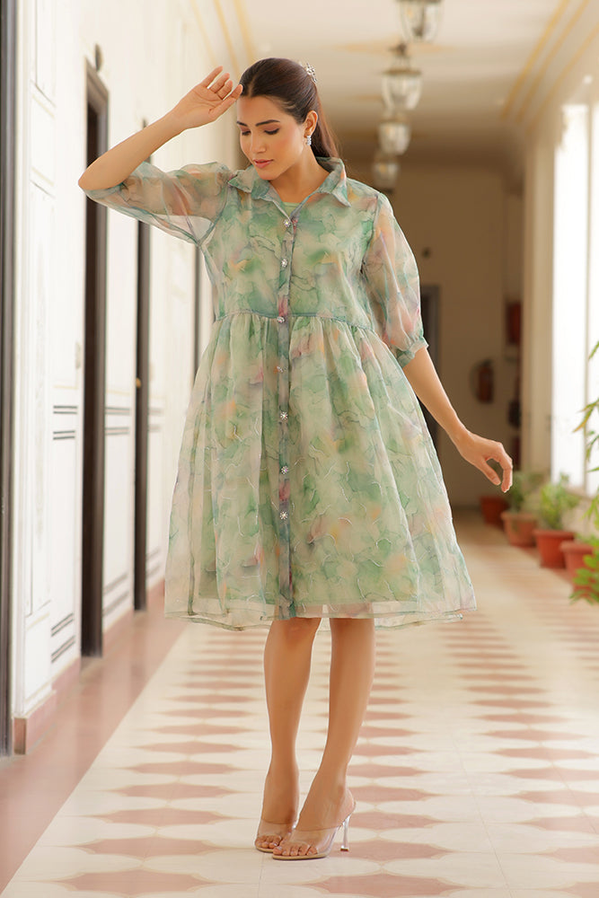Vaasva Women Green Organza Marble Printed Dress | Swadesiicart