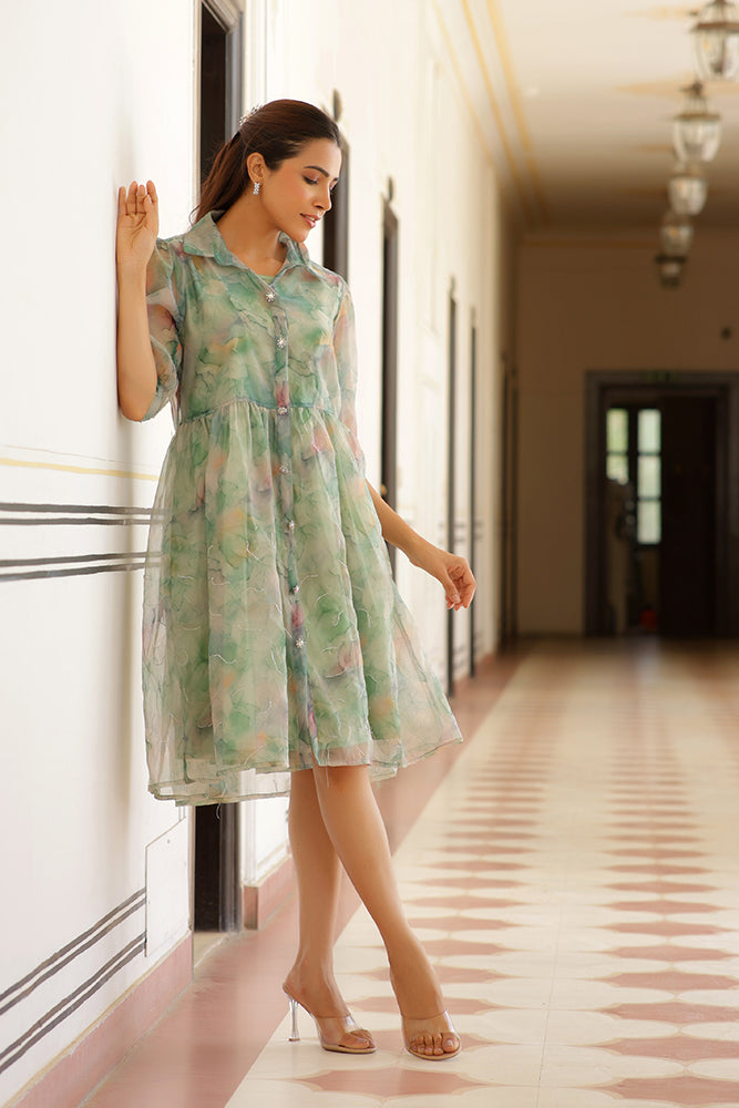 Vaasva Women Green Organza Marble Printed Dress | Swadesiicart
