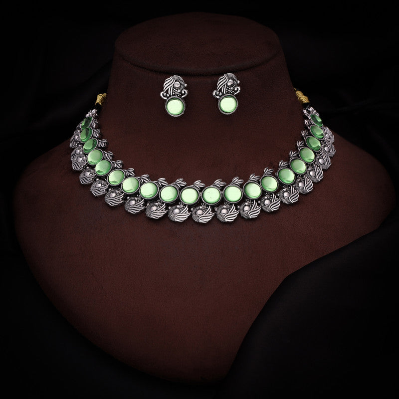 Tehzeeb Creations Silver Plated See Green Colour Stone Jewellery Choker Necklace Set With Matching Pair of Stud Earrings - Swadesiicart