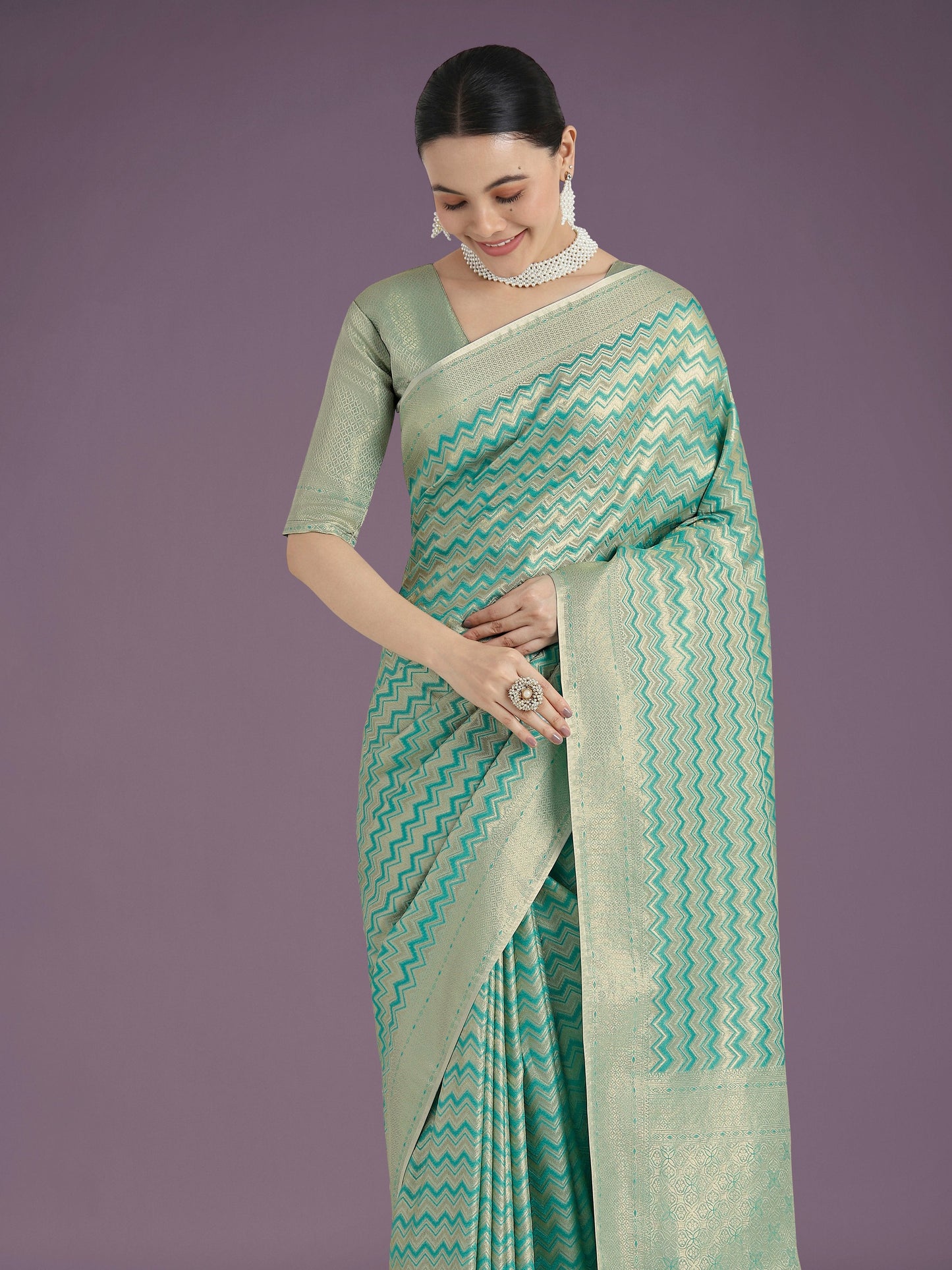 Monjolika Fashion Wonderful Light sky blue Soft Banarasi Satin Silk Leheriya Design Saree | Swadesiicart