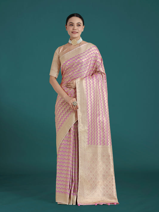Monjolika Fashion Wonderful Light Lilac Soft Banarasi Satin Silk Leheriya Design Saree | Swadesiicart