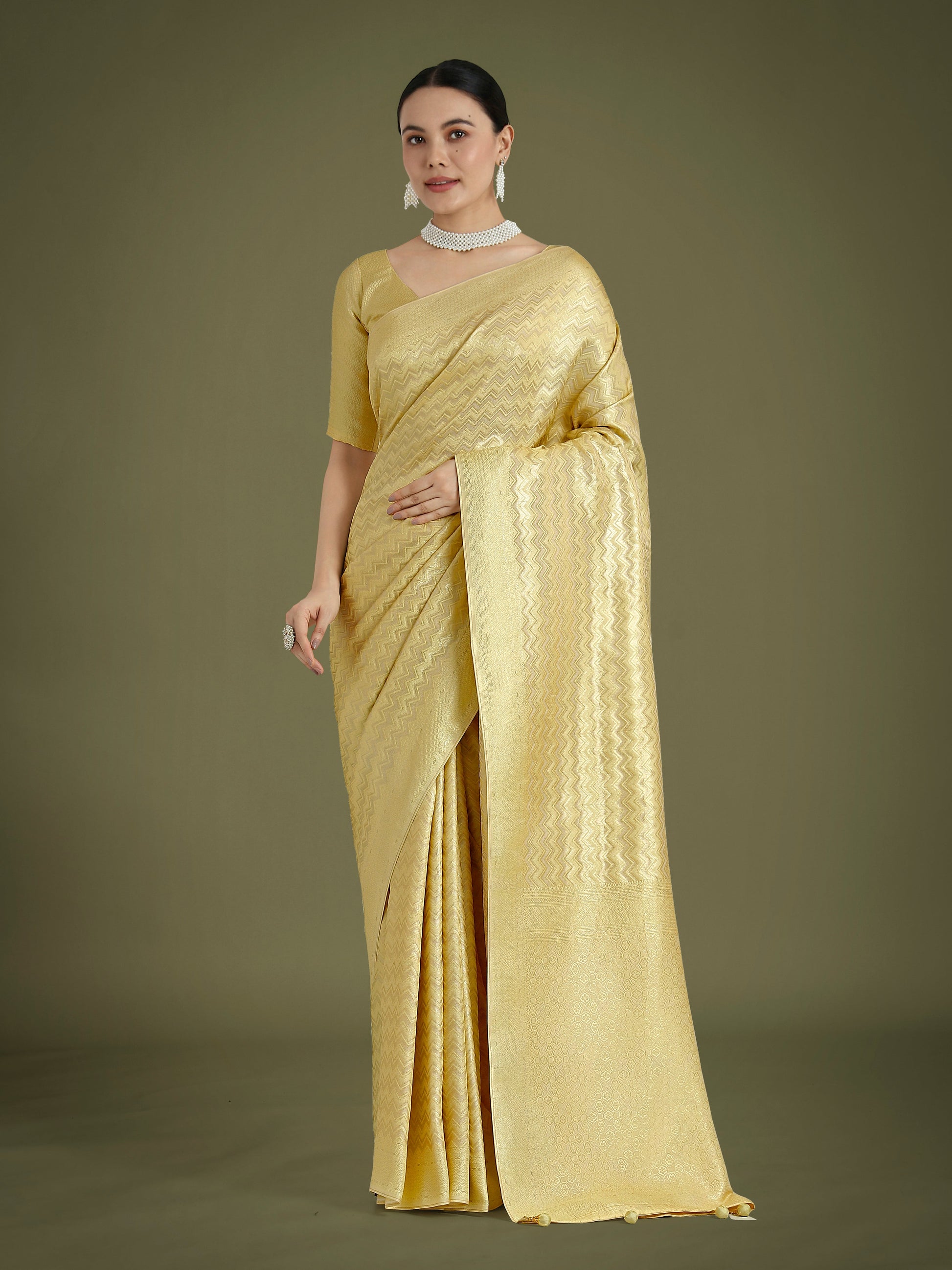 Monjolika Fashion Wonderful Light Yellow Soft Banarasi Satin Silk Leheriya Design Saree | Swadesiicart