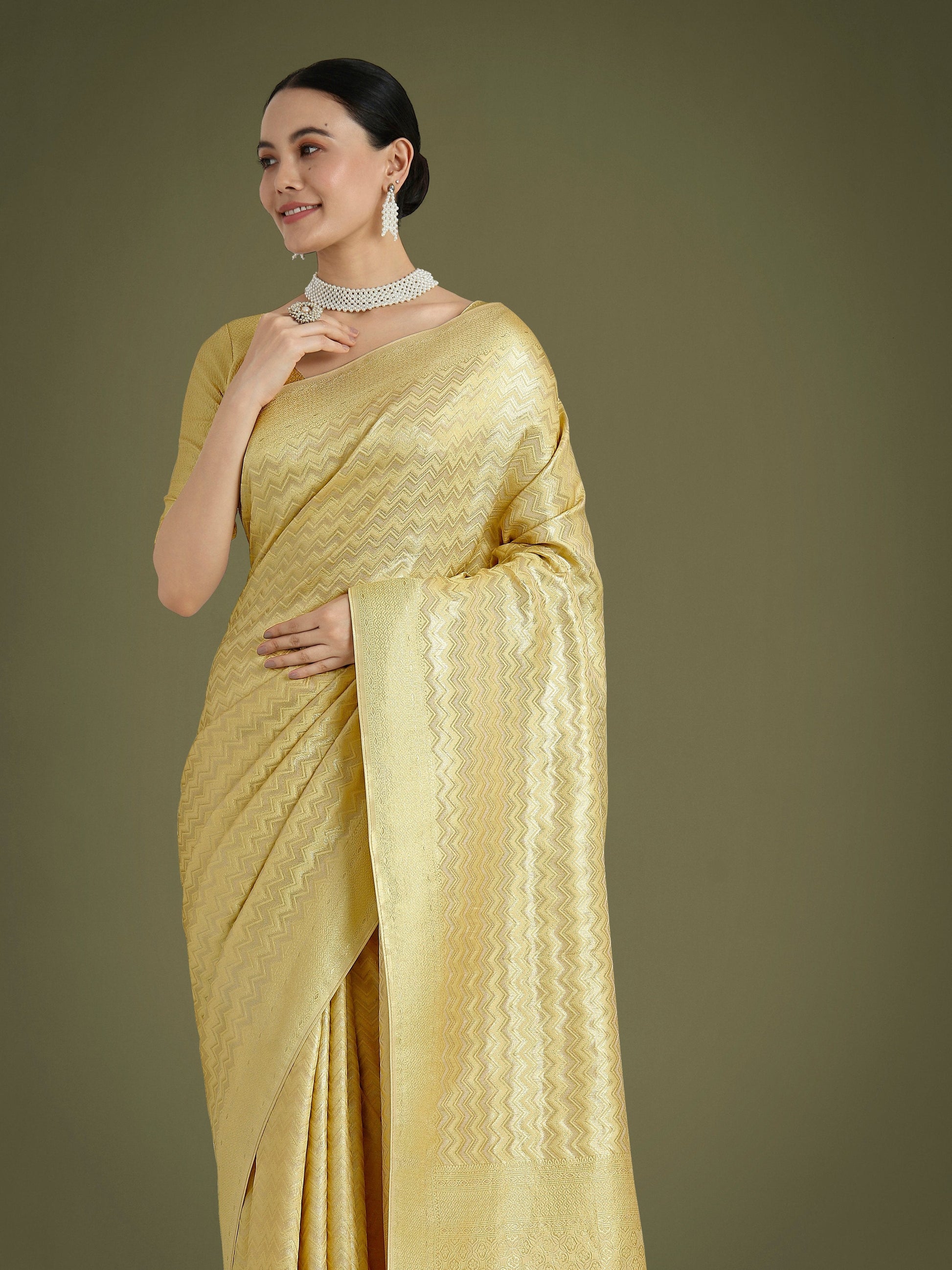 Monjolika Fashion Wonderful Light Yellow Soft Banarasi Satin Silk Leheriya Design Saree | Swadesiicart