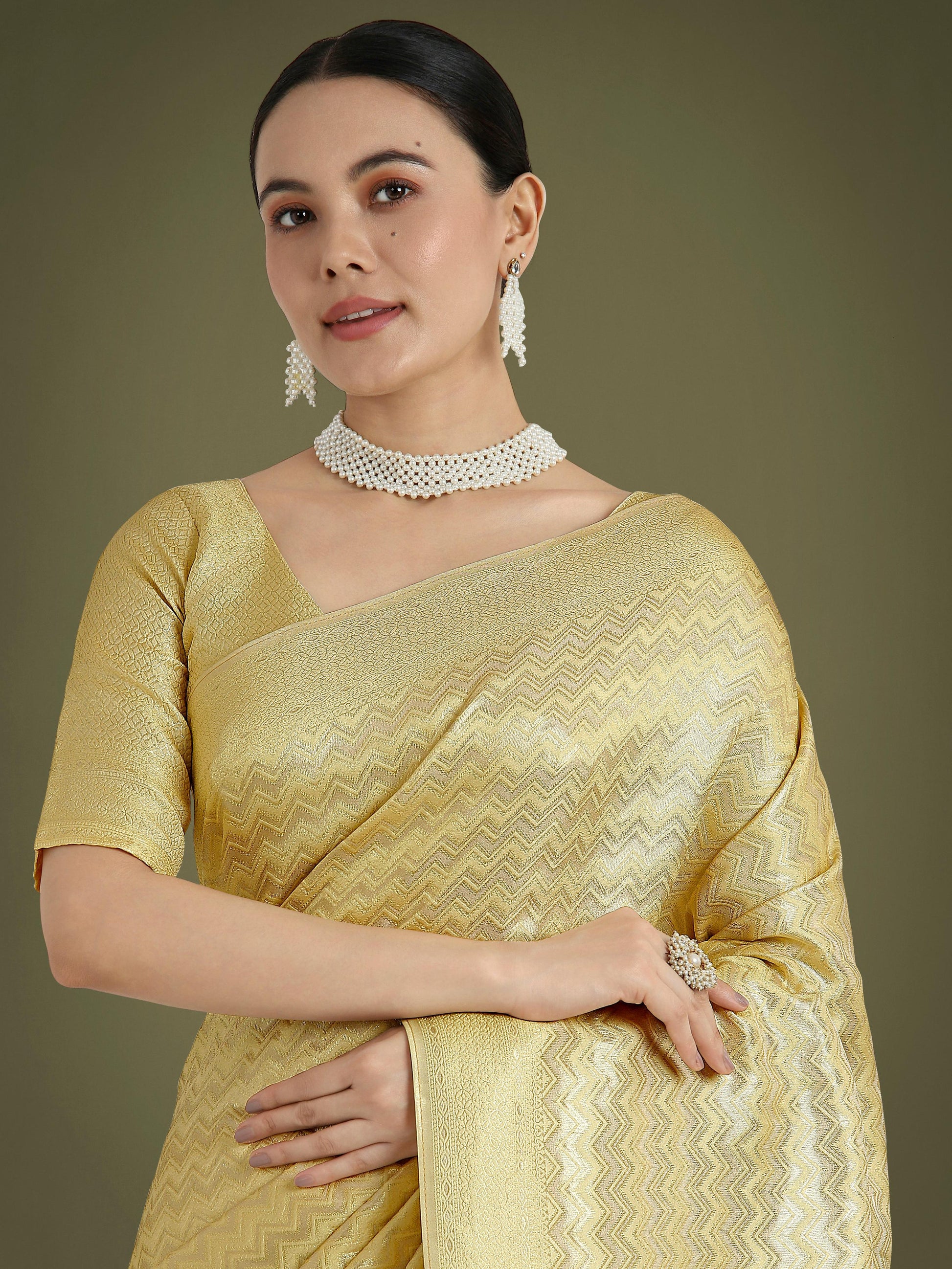 Monjolika Fashion Wonderful Light Yellow Soft Banarasi Satin Silk Leheriya Design Saree | Swadesiicart