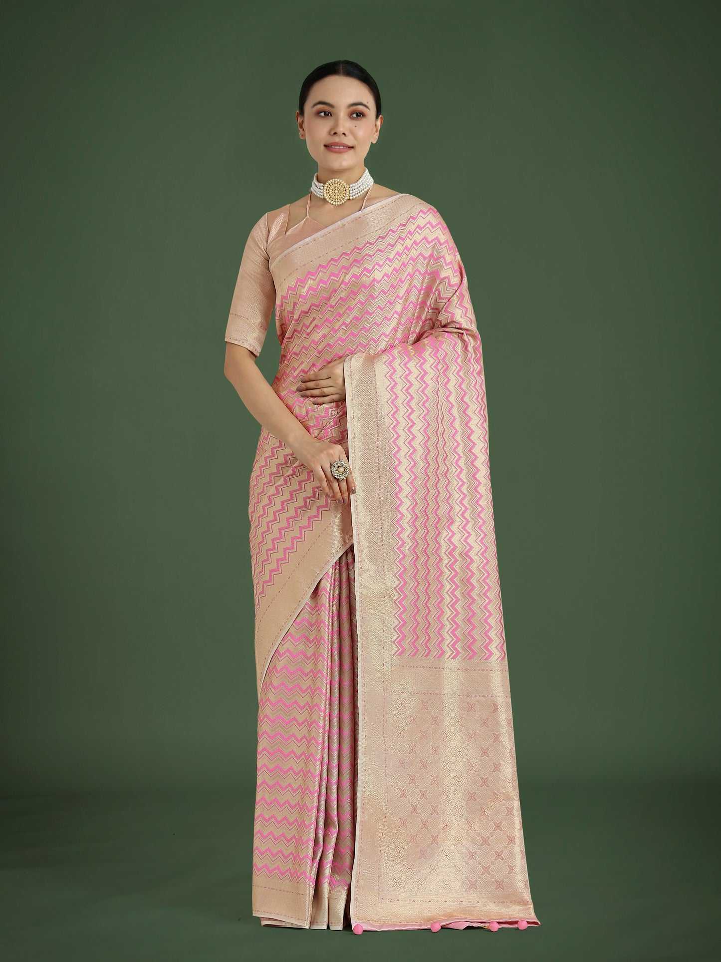 Monjolika Fashion Wonderful Light Pink Soft Banarasi Satin Silk Leheriya Design Saree | Swadesiicart
