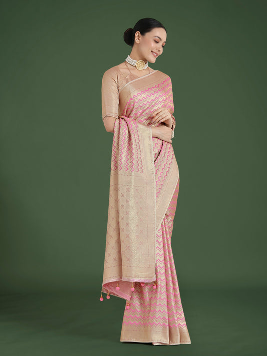 Monjolika Fashion Wonderful Light Pink Soft Banarasi Satin Silk Leheriya Design Saree | Swadesiicart