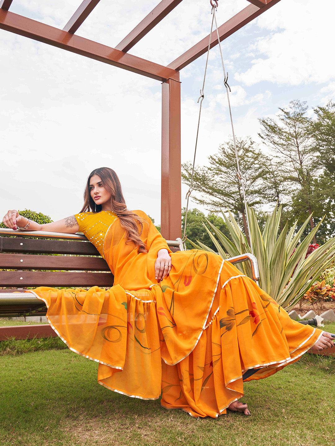 Tikhi Imli Mustard Yellow Gotta Patti Ruffles Saree | Swadesiicart