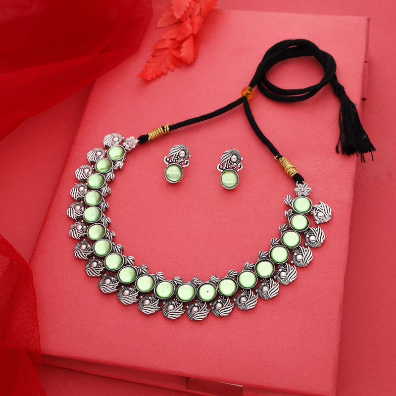 Tehzeeb Creations Silver Plated See Green Colour Stone Jewellery Choker Necklace Set With Matching Pair of Stud Earrings - Swadesiicart