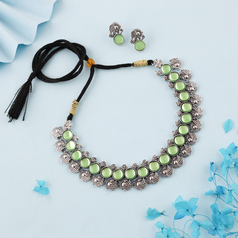 Tehzeeb Creations Silver Plated See Green Colour Stone Jewellery Choker Necklace Set With Matching Pair of Stud Earrings - Swadesiicart