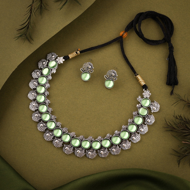 Tehzeeb Creations Silver Plated See Green Colour Stone Jewellery Choker Necklace Set With Matching Pair of Stud Earrings - Swadesiicart