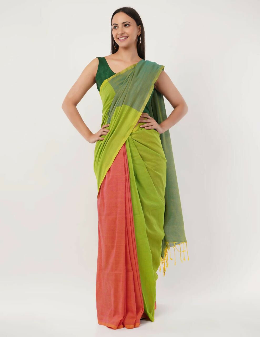 Exclusive Collection Beautiful Khadi Cotton Olive Green Orange Handloom Saree - Swadesiicart