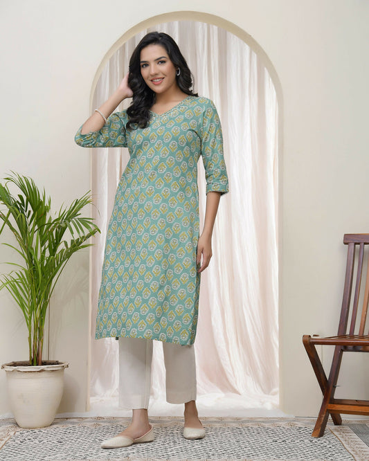 Vaasva Women Aqua Cotton Printed Straight Kurti With Pant | Swadesiicart