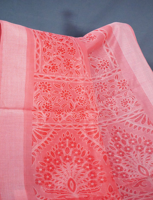 Shades of Light Peach Colour Floral Print Semi Chanderi Saree By Gayathri Reddy Designer Studio | Swadesiicart