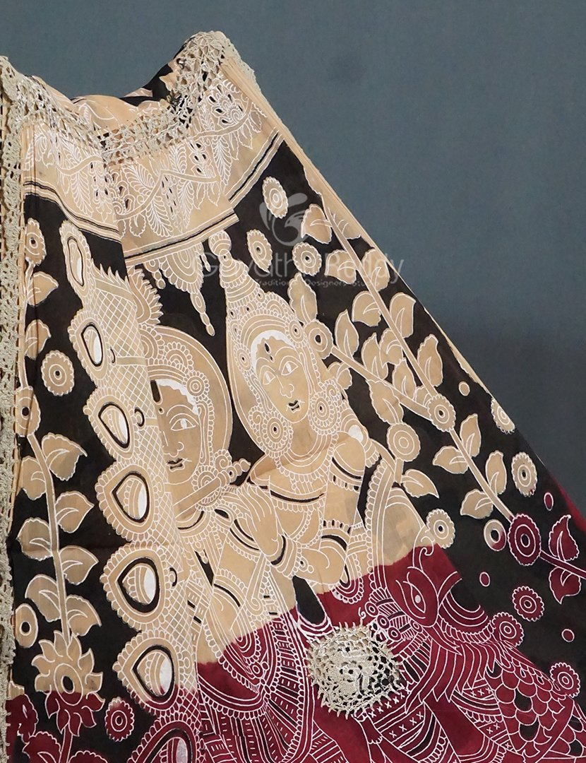 Black And Beige Combo Colour Pichwai Print Crocia Mulmul Cotton Saree By Gayathri Reddy Designer Studio | Swadesiicart