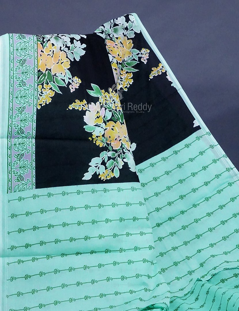 Black Colour Block Print Pure Mulmul Cotton Saree By Gayathri Reddy Designer Studio | Swadesiicart