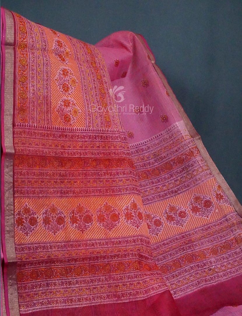 Light Pink And Rose Pink Colour Block Print Pure Kota Cotton Saree By Gayathri Reddy Designer Studio | Swadesiicart