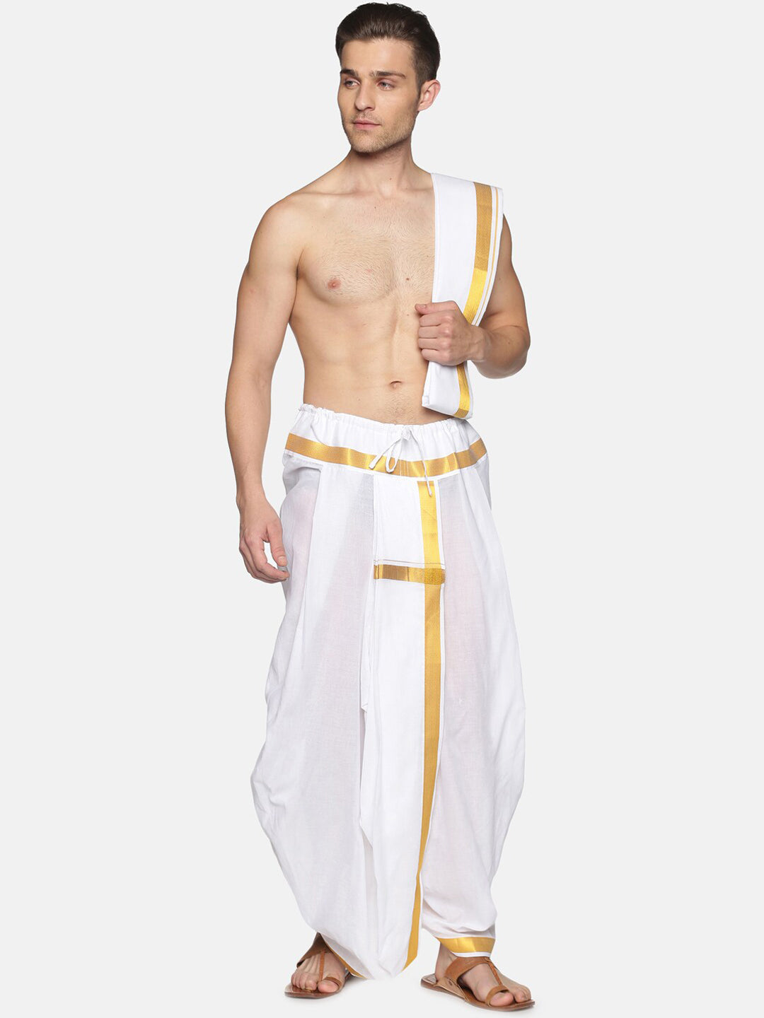 Sethukrishna Men White & Gold-Toned Solid Ready Made Dhoti Pants | Swadesiicart