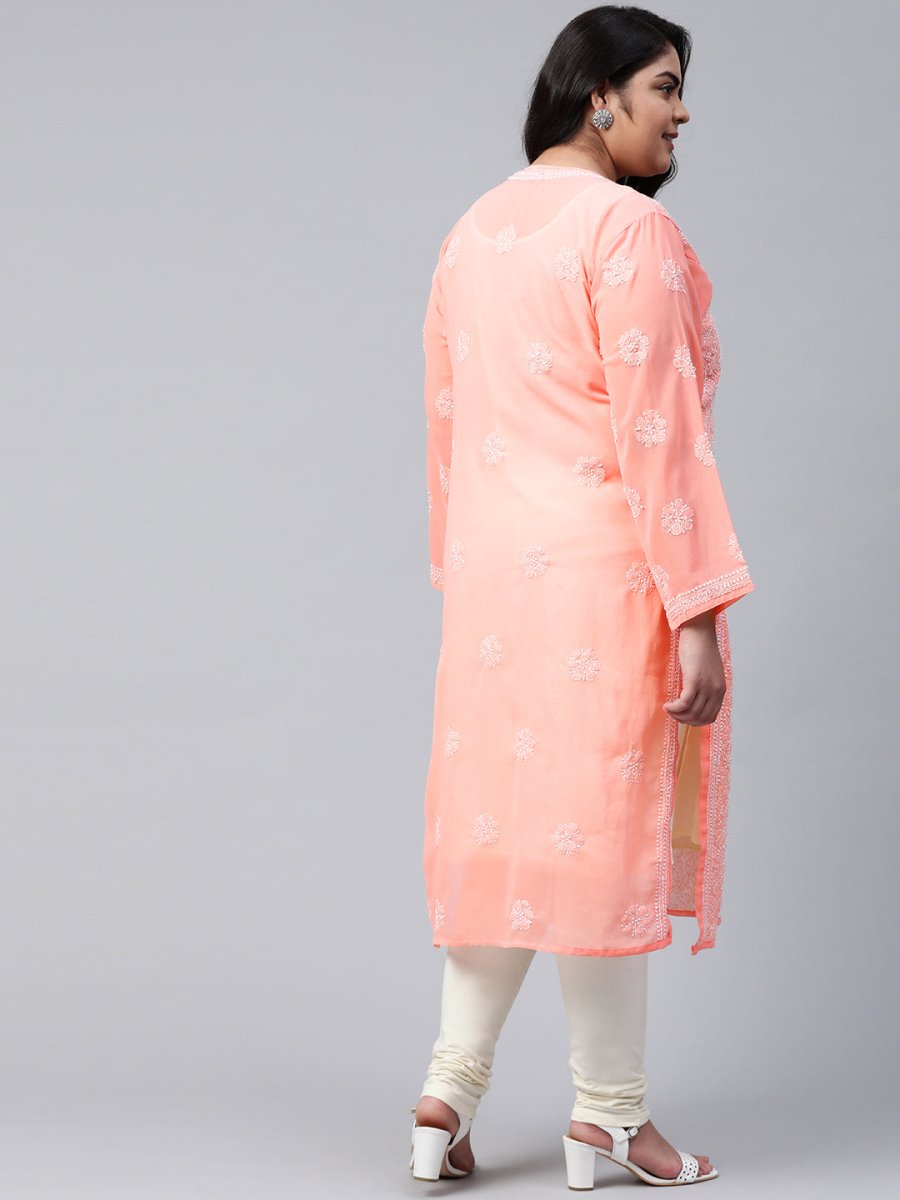ADA Ada Women Plus Size Peach-Coloured & White Ethnic Motifs Chikankari Georgette Handloom Kurta | Swadesiicart