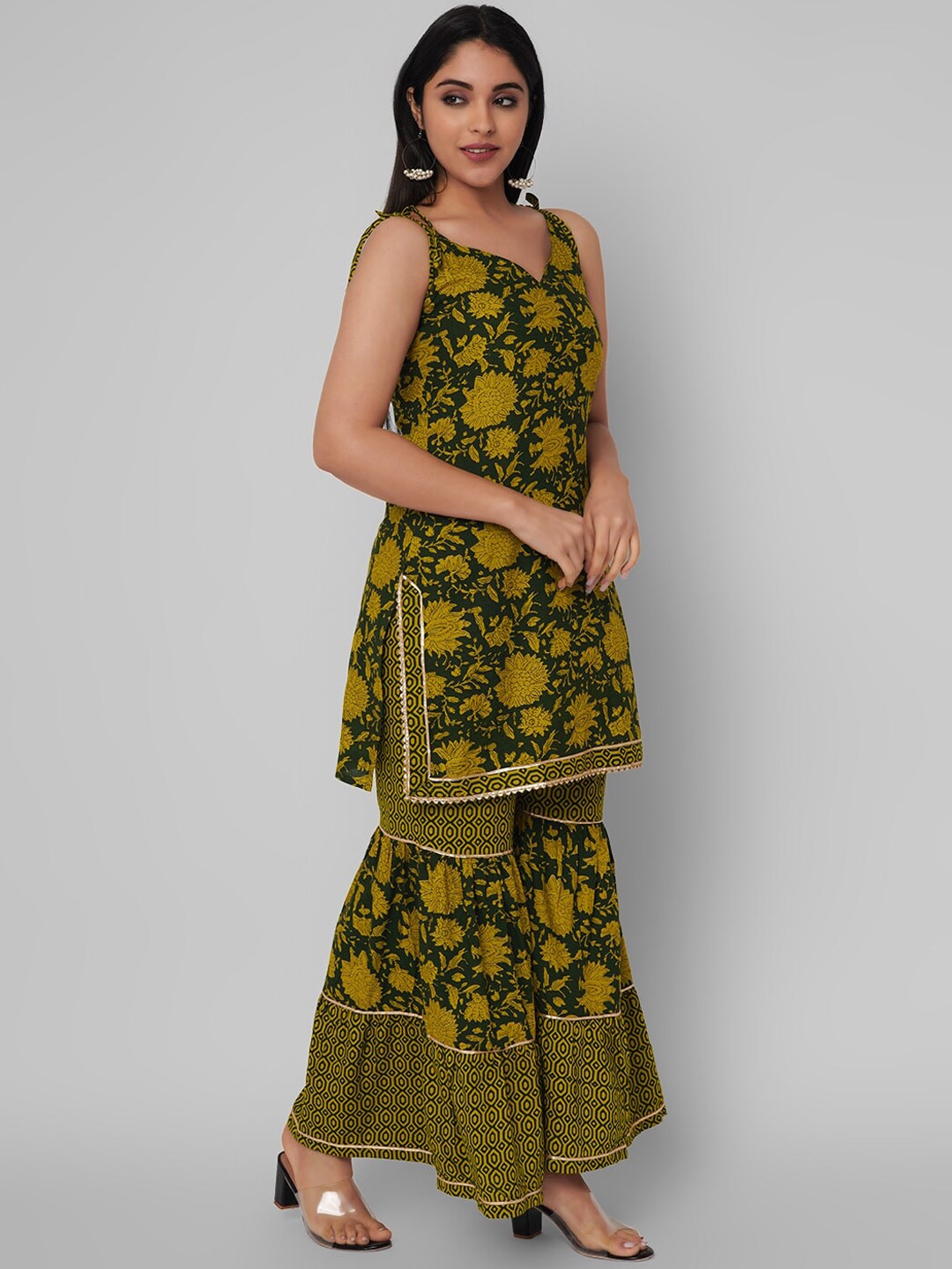 Kalini Women Green Floral Printed Gotta Patti Kurta with Sharara | Swadesiicart