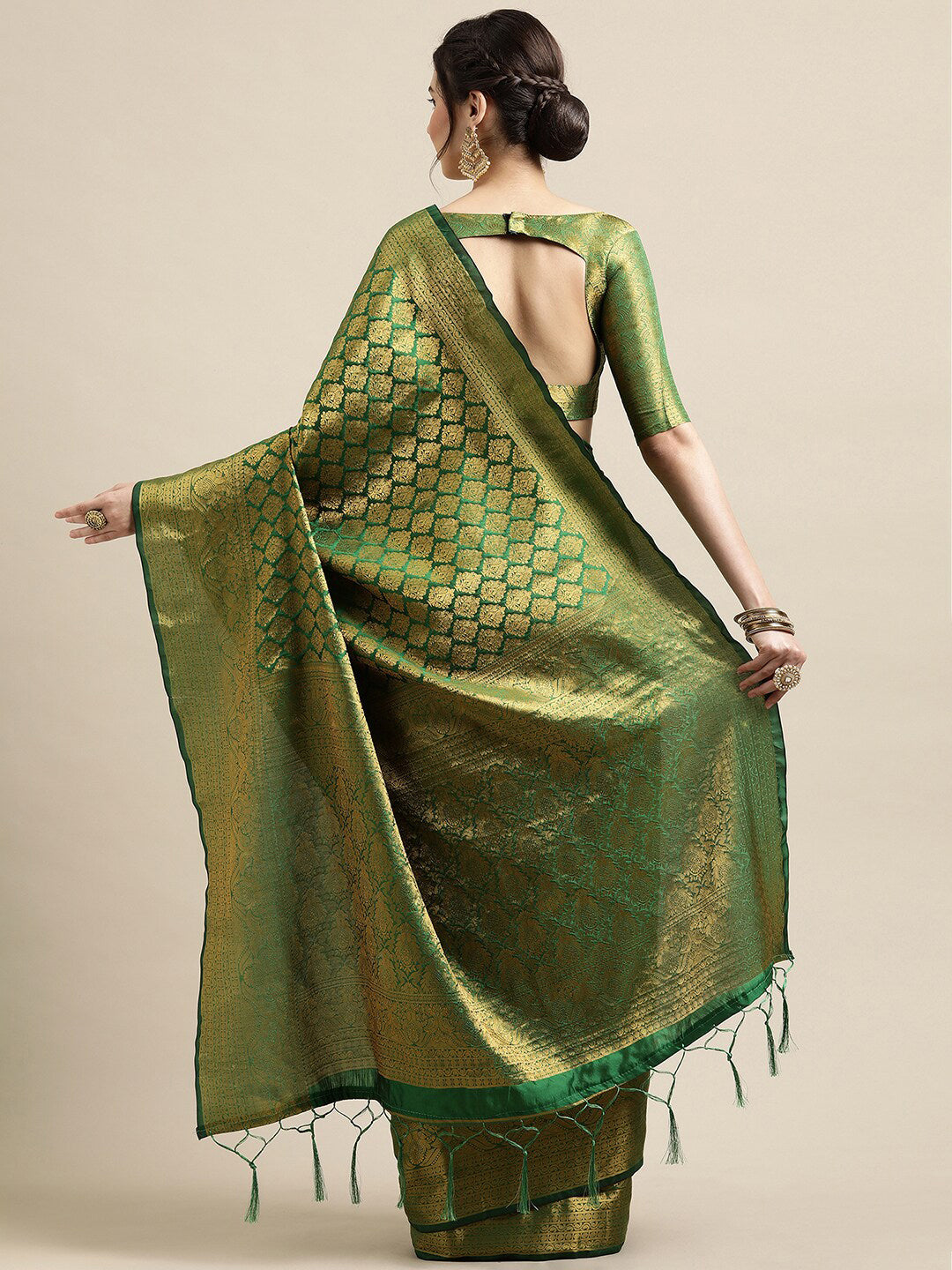 Saree Mall Green & Gold-Toned Woven Design Zari Silk Blend Banarasi Saree | Swadesiicart
