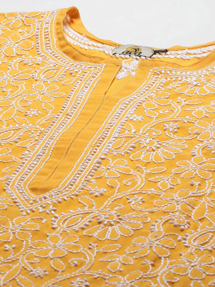 ADA Women Mustard Yellow Embroidered Regular Chikankari Handloom Kurta with Palazzos | Swadesiicart