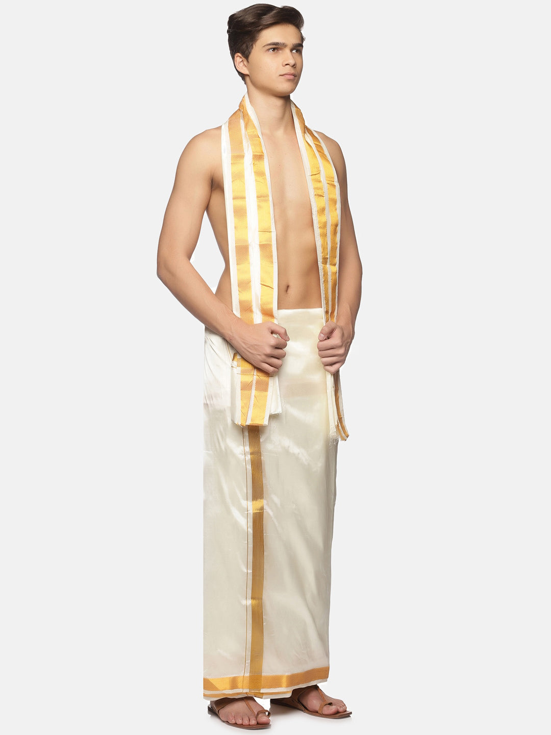 Sethukrishna Men Cream-Coloured Solid Dhotis | Swadesiicart