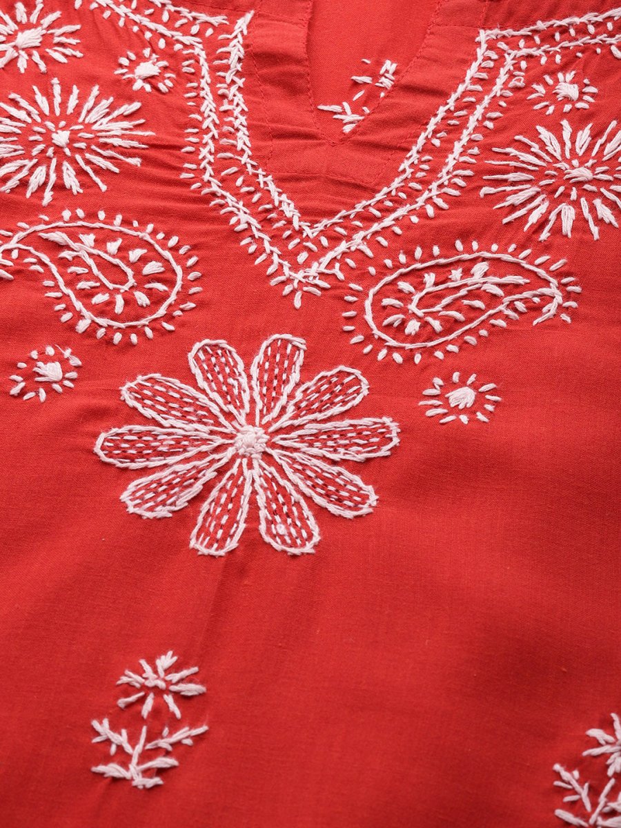 ADA Women Red & White Pure Cotton Chikankari Embroidered Handloom Kurta with Solid Trousers | Swadesiicart