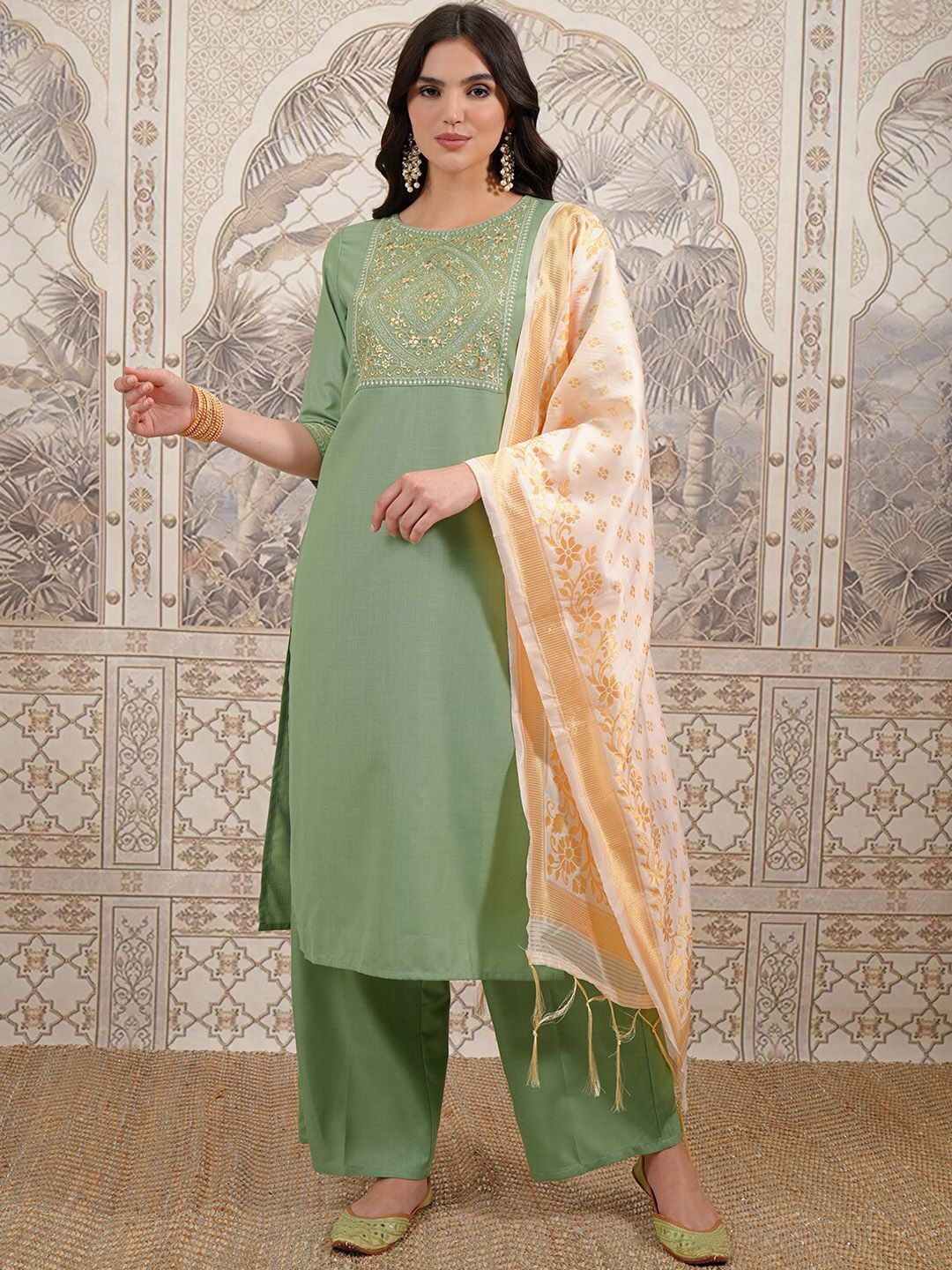 Vishudh Green Ethnic Motifs Yoke Design Thread Work Straight Kurta With Palazzos & Dupatta - Swadesiicart