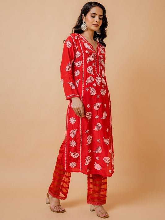 HOUSE OF KARI Ethnic Motifs Chikankari Silk Kurta | Swadesiicart