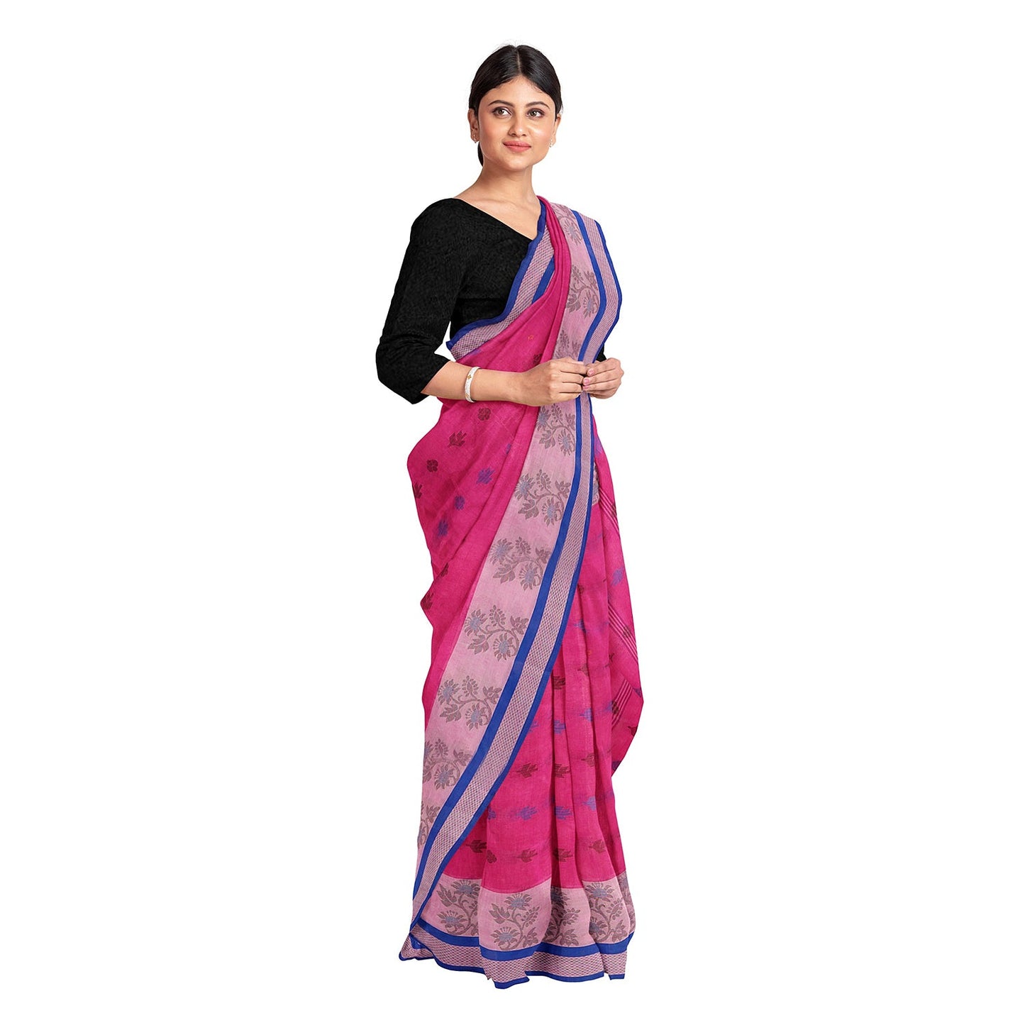 Exclusive Collection 100% Pure Cotton Magenta Tant Saree With Hand Weaving Work - Swadesiicart