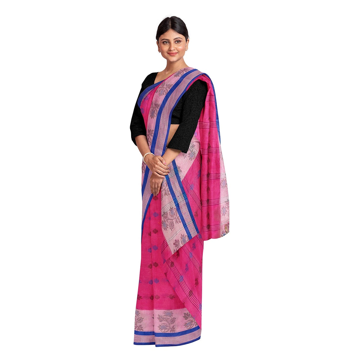Exclusive Collection 100% Pure Cotton Magenta Tant Saree With Hand Weaving Work - Swadesiicart